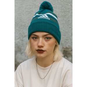 NWT  Adidas Green Stripe Bobble Pom Beanie Hat Cap   Women's Size Medium